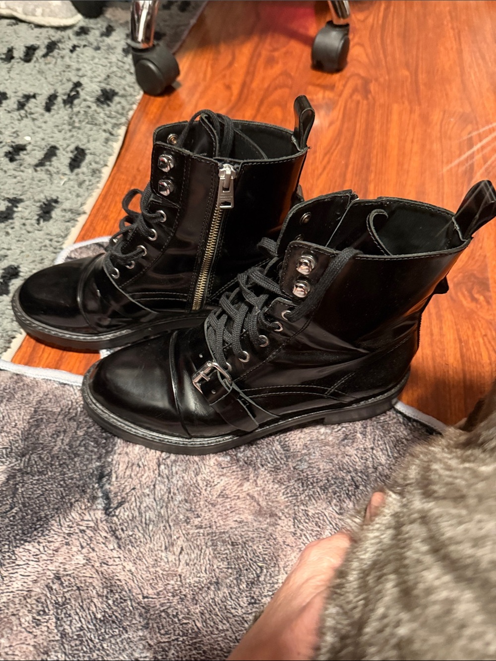 All Saints Black Leather Lace-Up Zip Combat Boots